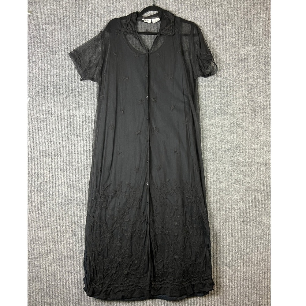 Whimsigoth Goth Dark Romantic Black Mesh Embroidered Maxi Dress 90s M